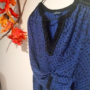 Lucky Brand Peasant Top Blue Black Large Boho Fall Winter Blouse